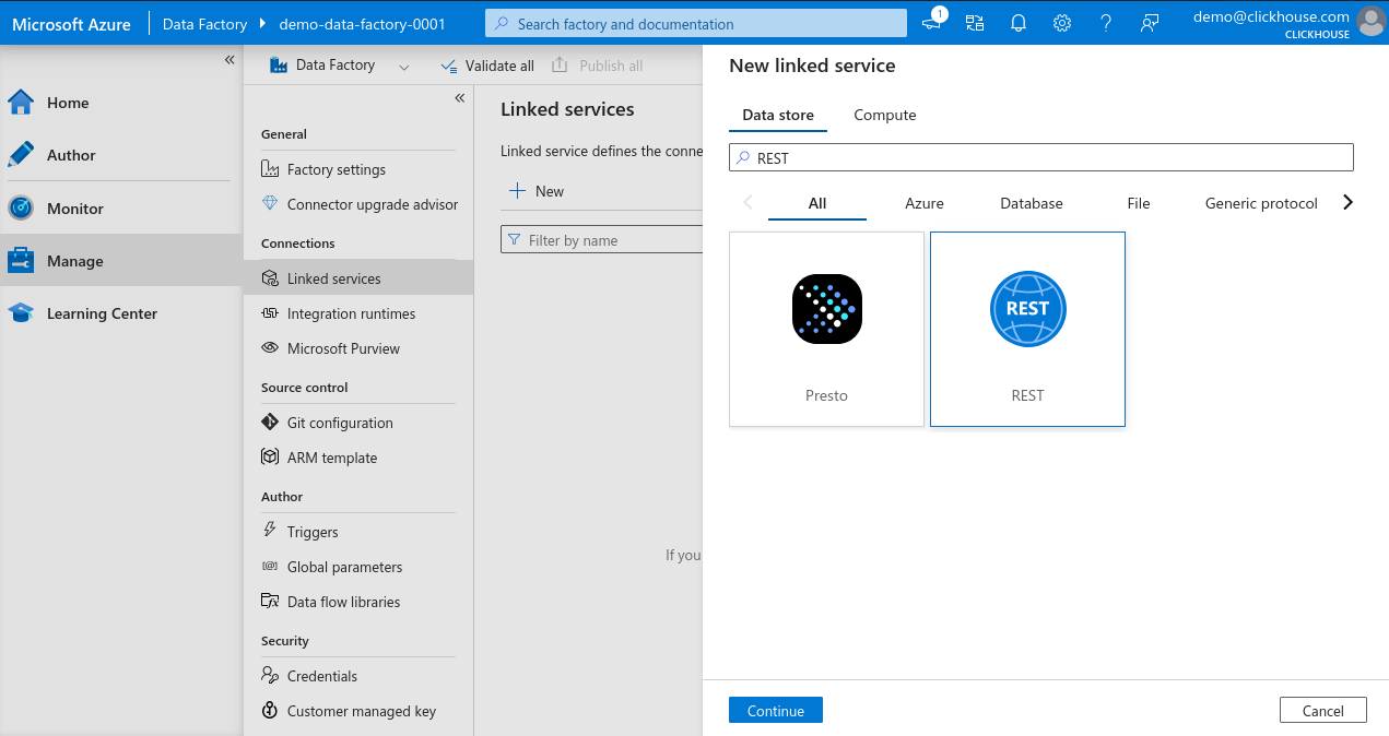 Azure Data Factory 새 Linked Service 검색