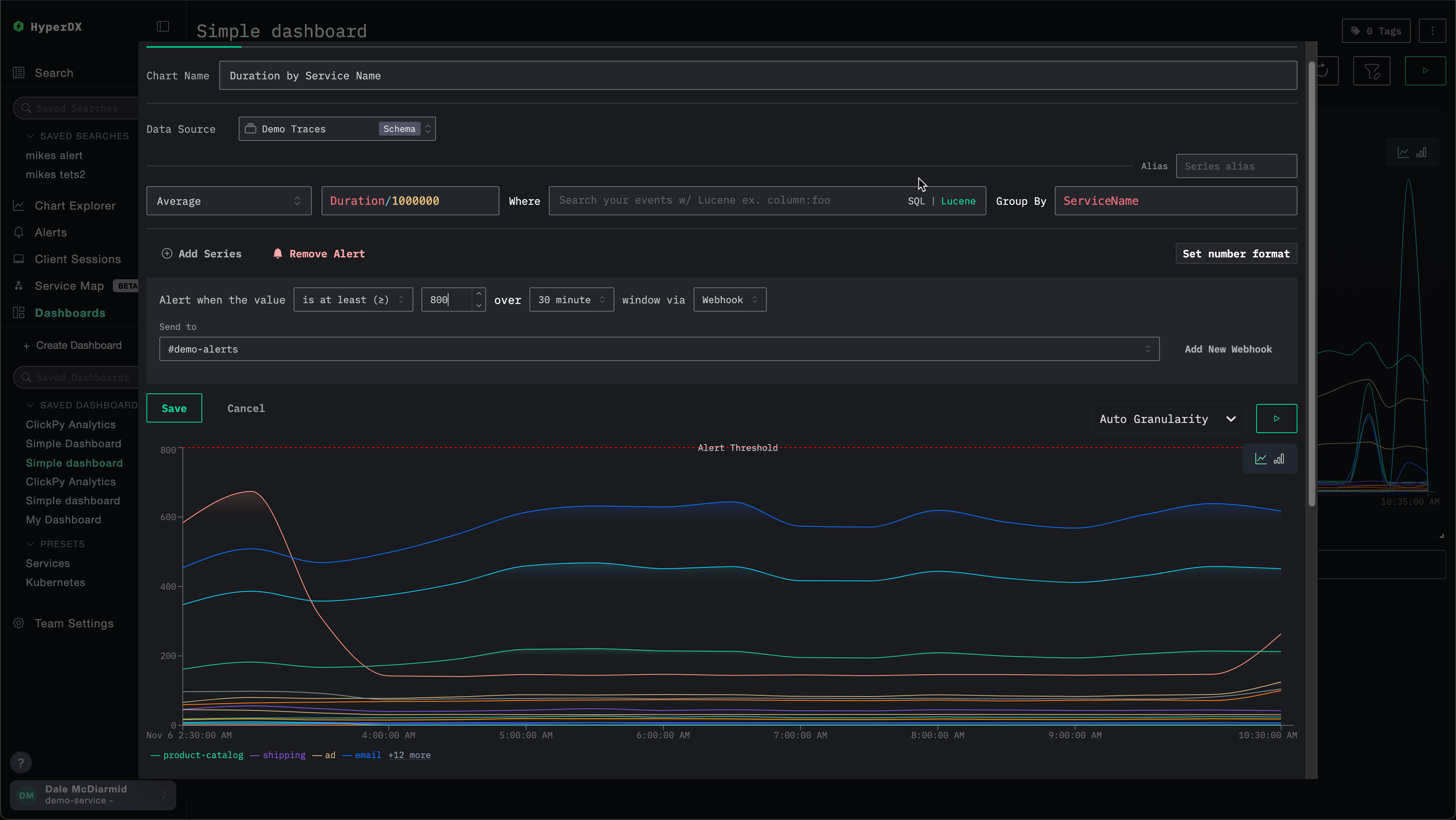 차트에 대한 알림 생성