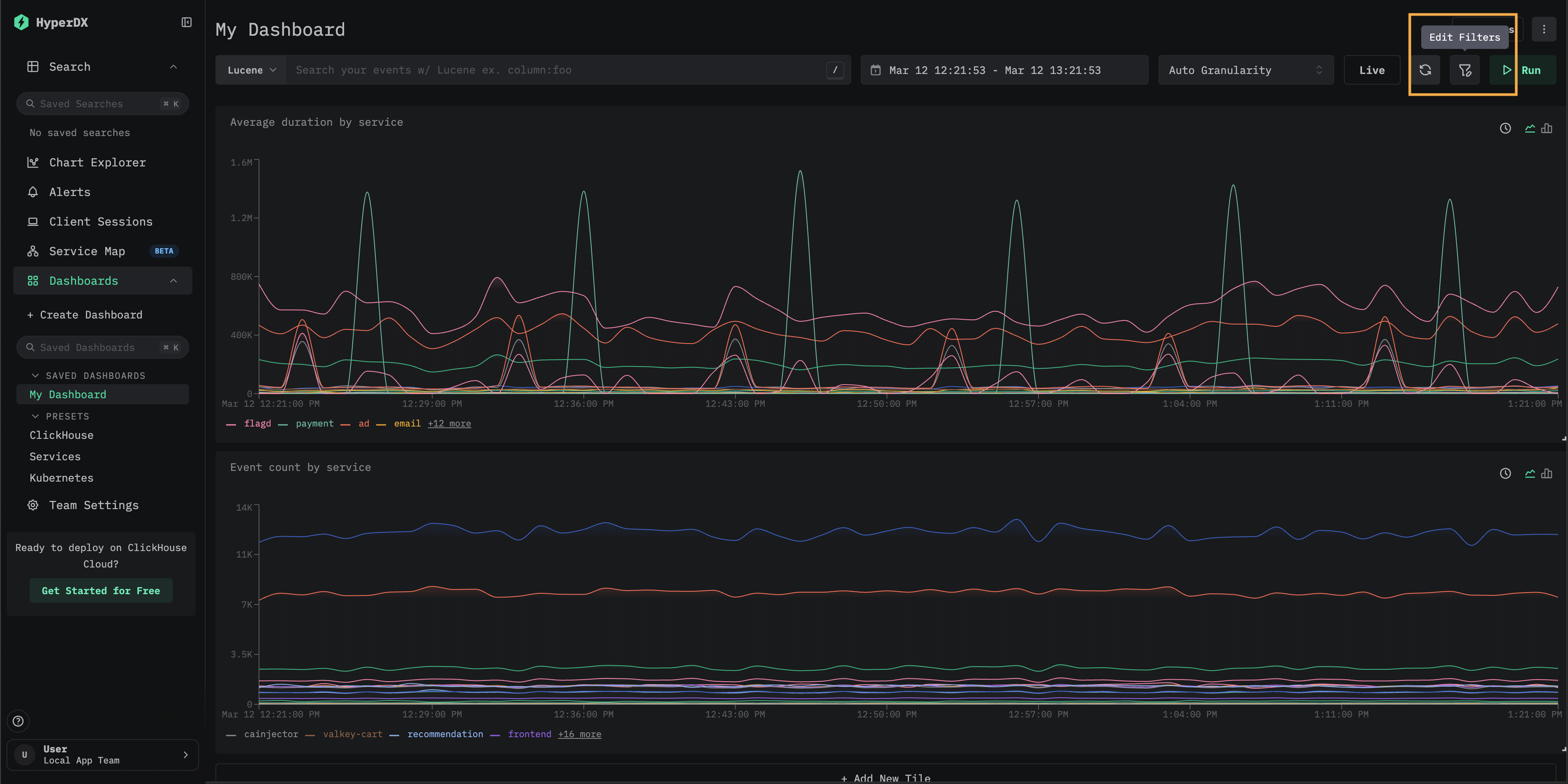 대시보드 도구 모음의 Edit Filters 버튼
