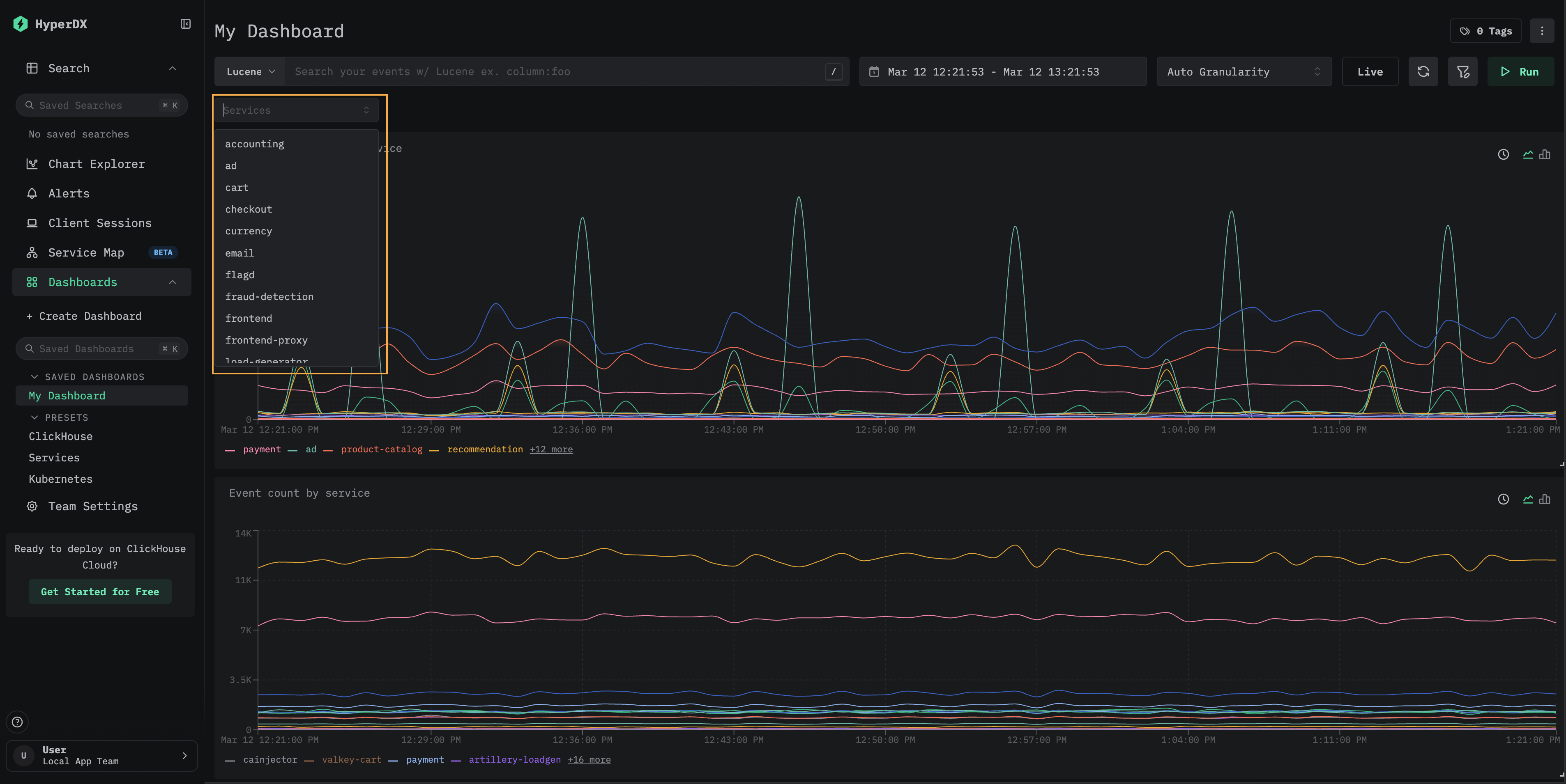 사용 가능한 서비스 이름을 보여주는 서비스 드롭다운 필터
