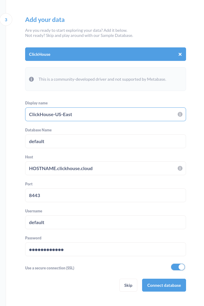 ClickHouse 데이터베이스에 대한 Metabase 연결 정보 입력 폼